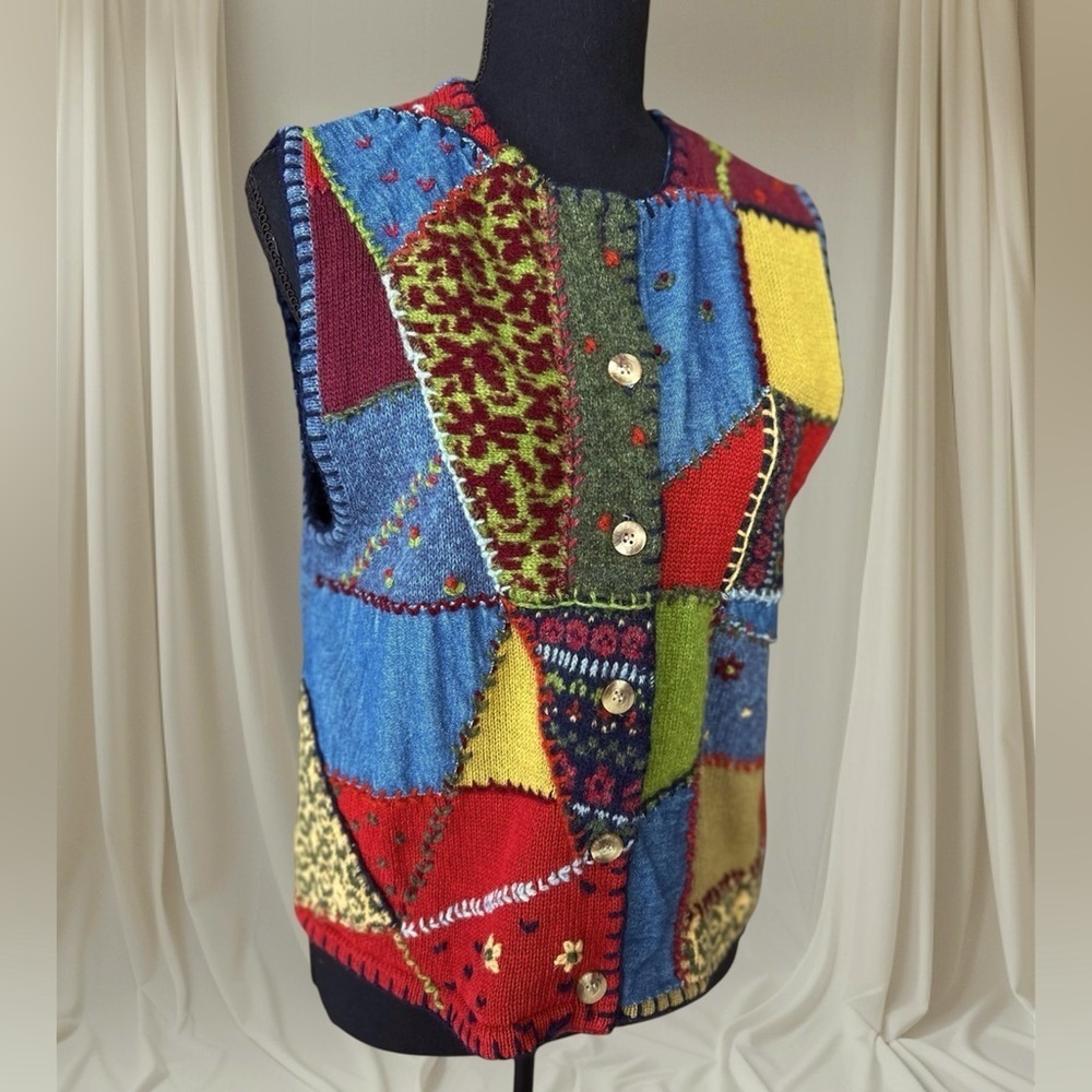 Susan Bristol Casuals Knit/Denim Vest S Embroidered/Patched Floral Vintage